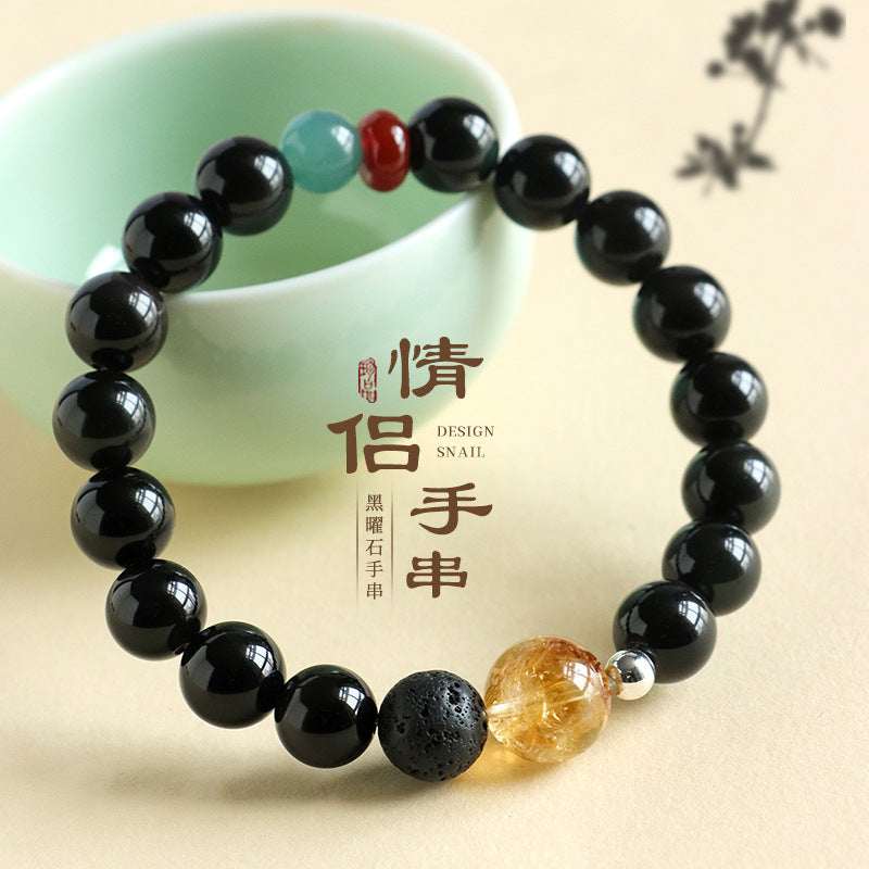 Natural Black Obsidian Citrine Couple Bracelet - Daily Wear Matching Set