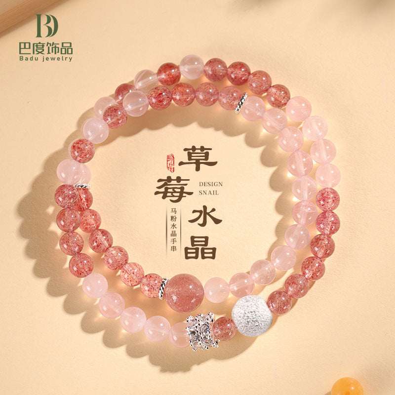 Natural Rose Quartz Crystal Bracelet - Horse Pink & Strawberry Variant