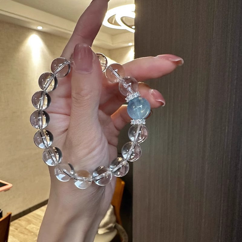 Huaxia Treasures Natural Clear Quartz Bracelet with Aquamarine Bead Accent