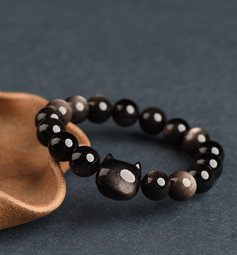 Huaxia Treasures Natural Obsidian Lucky Cat Fortune Protection Bracelet