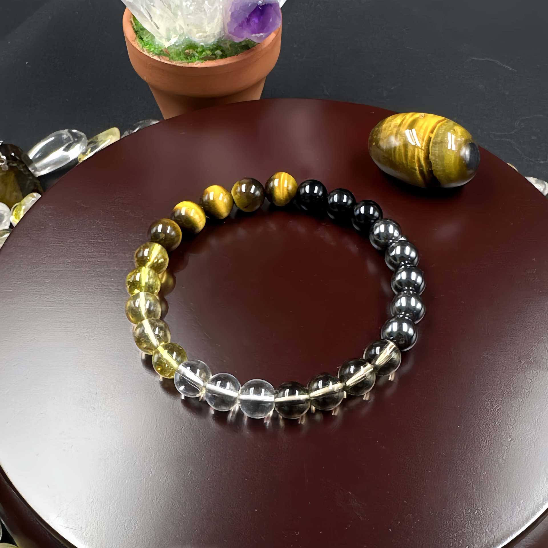 Huaxia Treasures Wealth & Success Bracelet - Tiger Eye, Black Obsidian & Smoky Quartz