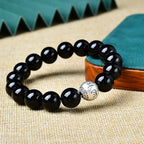 Huaxia Treasures Natural Black Obsidian OM MANI PADME HUM Bracelet