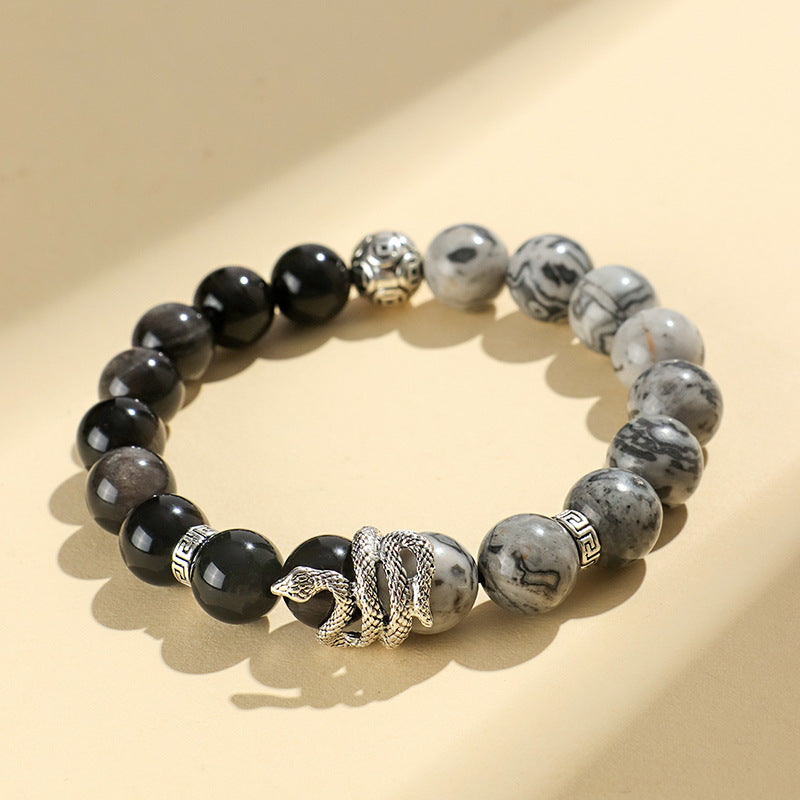 Huaxia Treasures Natural Obsidian & White Turquoise Snake Symbol Transformation Wisdom Bracelet