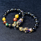 Huaxia Treasures Natural Black Obsidian Bracelet - Citrine, Red Crystal & Pixiu Charm