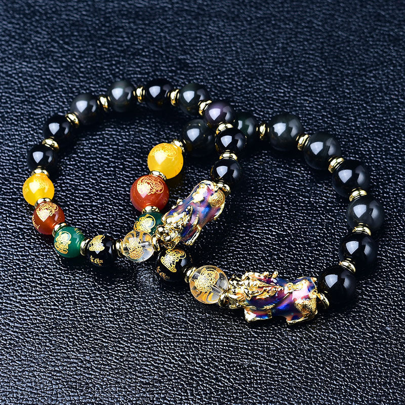 Huaxia Treasures Natural Black Obsidian Bracelet - Citrine, Red Crystal & Pixiu Charm
