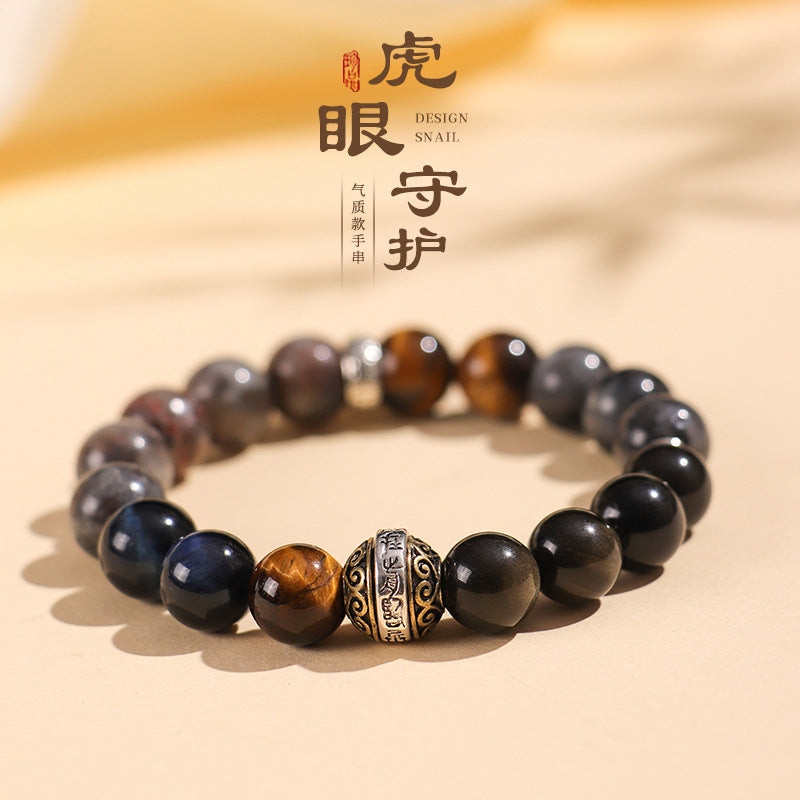 Huaxia Treasures Multi-Gemstone Bracelet - Black Obsidian, Tiger Eye & OM MANI PADME HUM