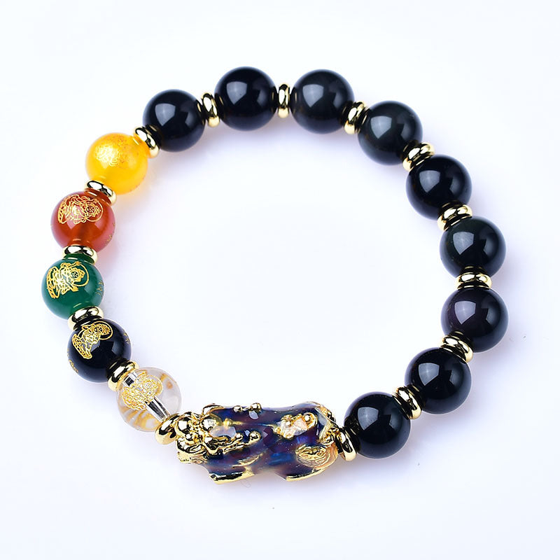 Huaxia Treasures Natural Black Obsidian Bracelet - Citrine, Red Crystal & Pixiu Charm