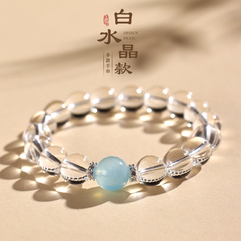 Huaxia Treasures Natural Clear Quartz Bracelet with Aquamarine Bead Accent