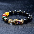 Huaxia Treasures Natural Black Obsidian Bracelet - Citrine, Red Crystal & Pixiu Charm