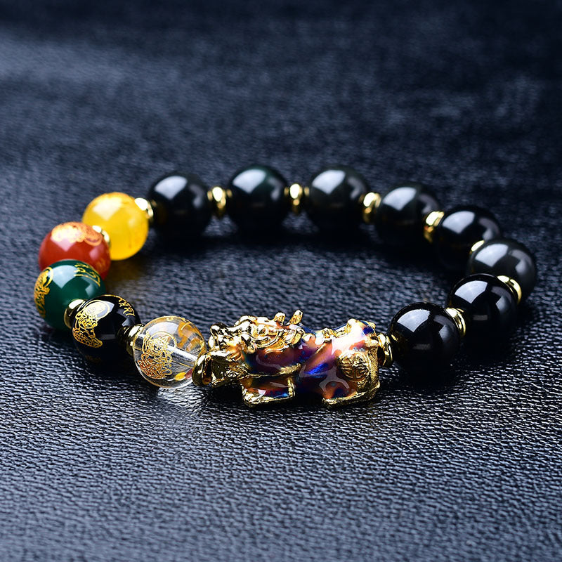 Huaxia Treasures Natural Black Obsidian Bracelet - Citrine, Red Crystal & Pixiu Charm
