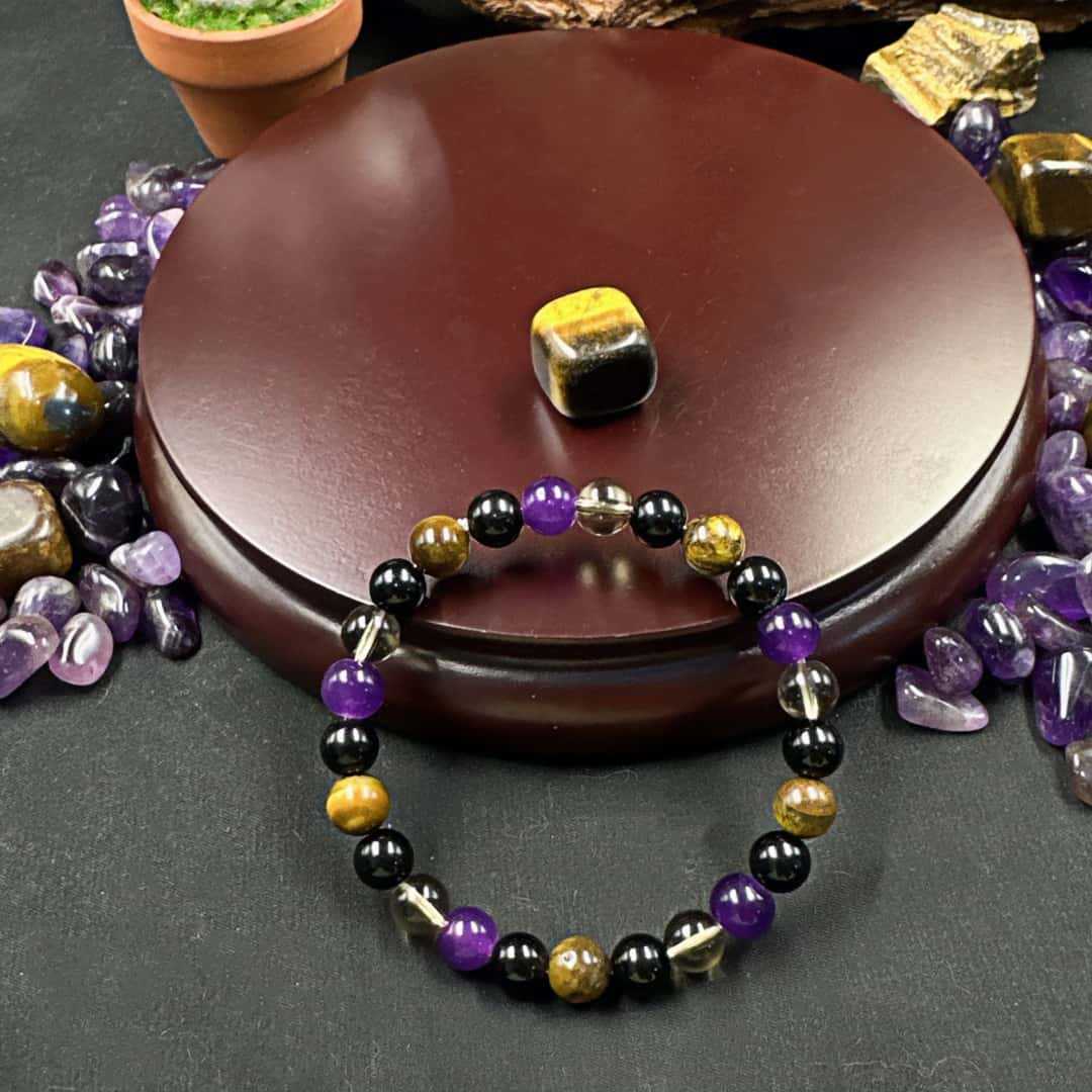 Huaxia Treasures Fortune & Protection Bracelet - Tiger Eye, Obsidian & Amethyst Blend