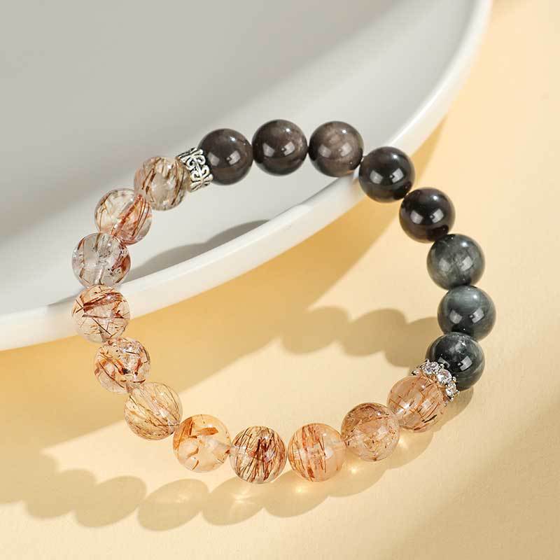 Huaxia Treasures Natural Obsidian & Hawk's Eye Protection Clarity Bracelet