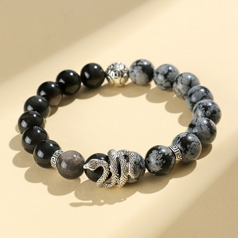 Huaxia Treasures Natural Obsidian & White Turquoise Snake Symbol Transformation Wisdom Bracelet
