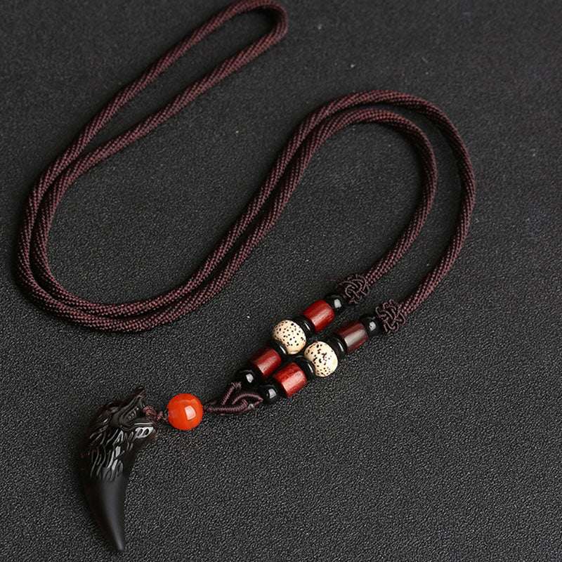 Buddha Stones Natural Ice Obsidian Wolf Tooth Pattern Courage Necklace Pendant Necklaces & Pendants BS 41*14mm Ice Obsidian&Bodhi Seed&Brown String
