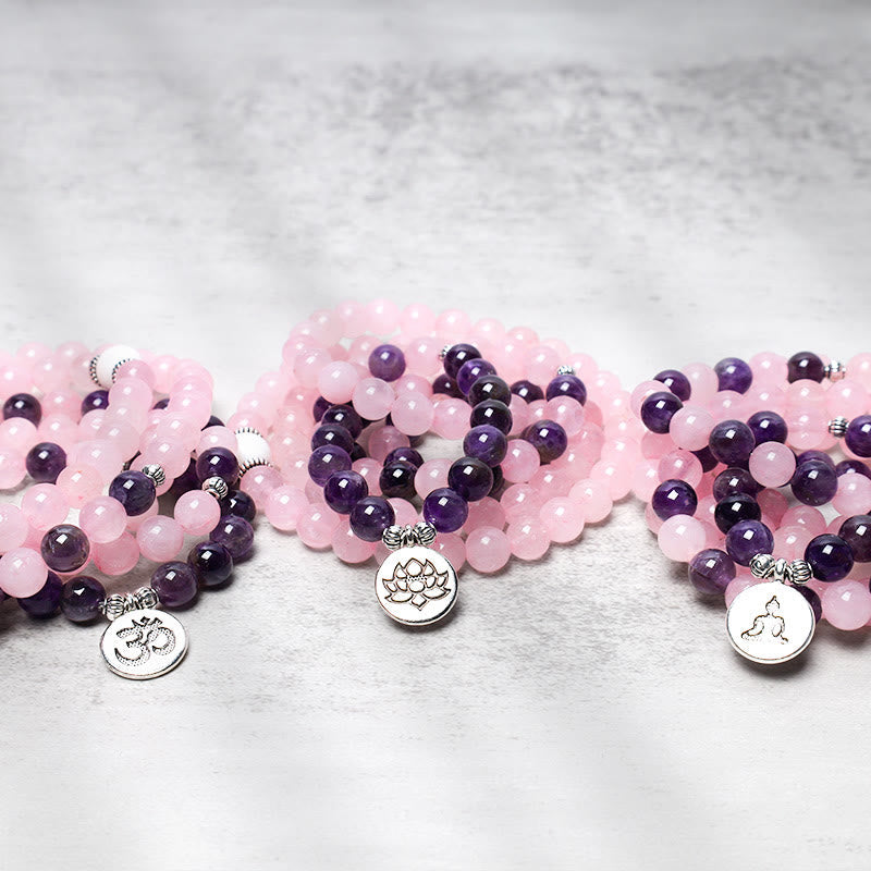 Buddha Stones Natural Rose Quartz & Amethyst Mala Bead Lotus Pendant Bracelet Bracelet BS 6