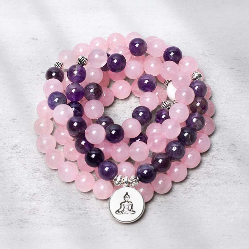 Buddha Stones Natural Rose Quartz & Amethyst Mala Bead Lotus Pendant Bracelet Bracelet BS Buddha Pendant