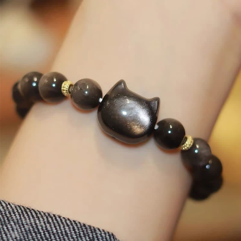 Buddha Stones Gold Sheen Obsidian Silver Sheen Obsidian Lovely Paw Lucky Cat Protection Bracelet Bracelet BS Silver Sheen Obsidian Cat Head New Edition 10mm