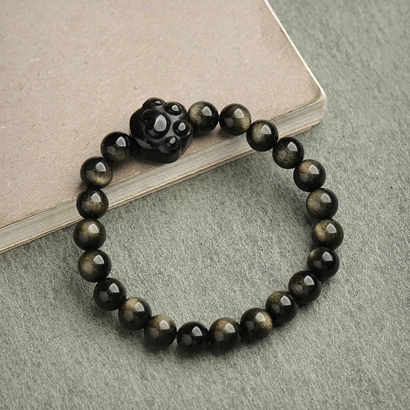 Buddha Stones Gold Sheen Obsidian Silver Sheen Obsidian Lovely Paw Lucky Cat Protection Bracelet Bracelet BS Gold Sheen Obsidian Cat Claw 8mm