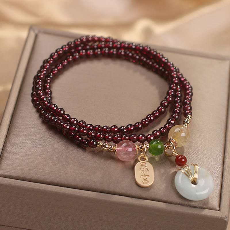 Buddha Stones Natural Garnet Strawberry Quartz Crystal Fox Koi Fish Peace Buckle Fortune Protection Triple Wrap Bracelet Bracelet BS 11
