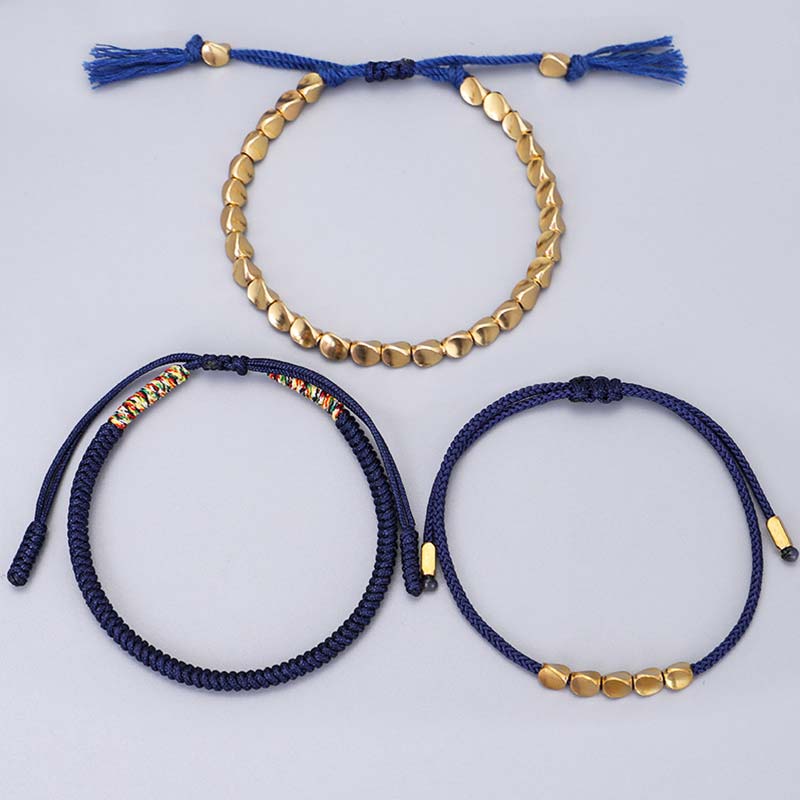 Buddha Stones 3 PCS Tibetan Copper Beads Healing Protection Luck Bracelet Set Bracelet BS 4