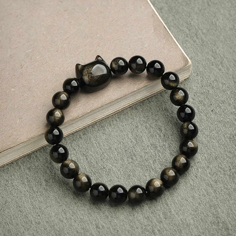 Buddha Stones Gold Sheen Obsidian Silver Sheen Obsidian Lovely Paw Lucky Cat Protection Bracelet Bracelet BS 5