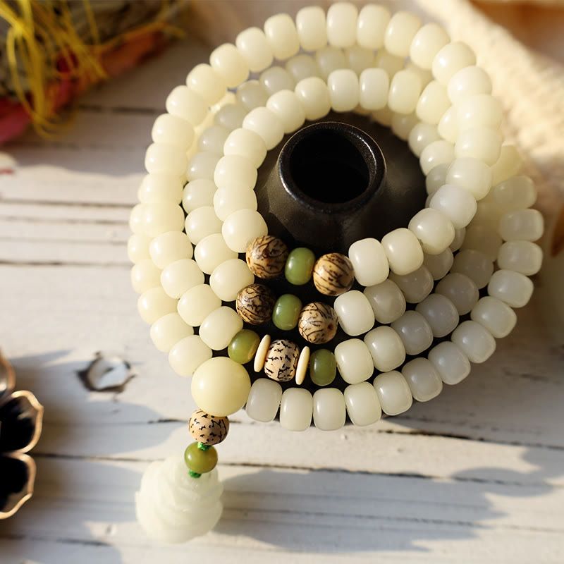 Buddha Stones White Jade Bodhi Lotus Mala Harmony Necklace Bracelet Bracelet BS 3
