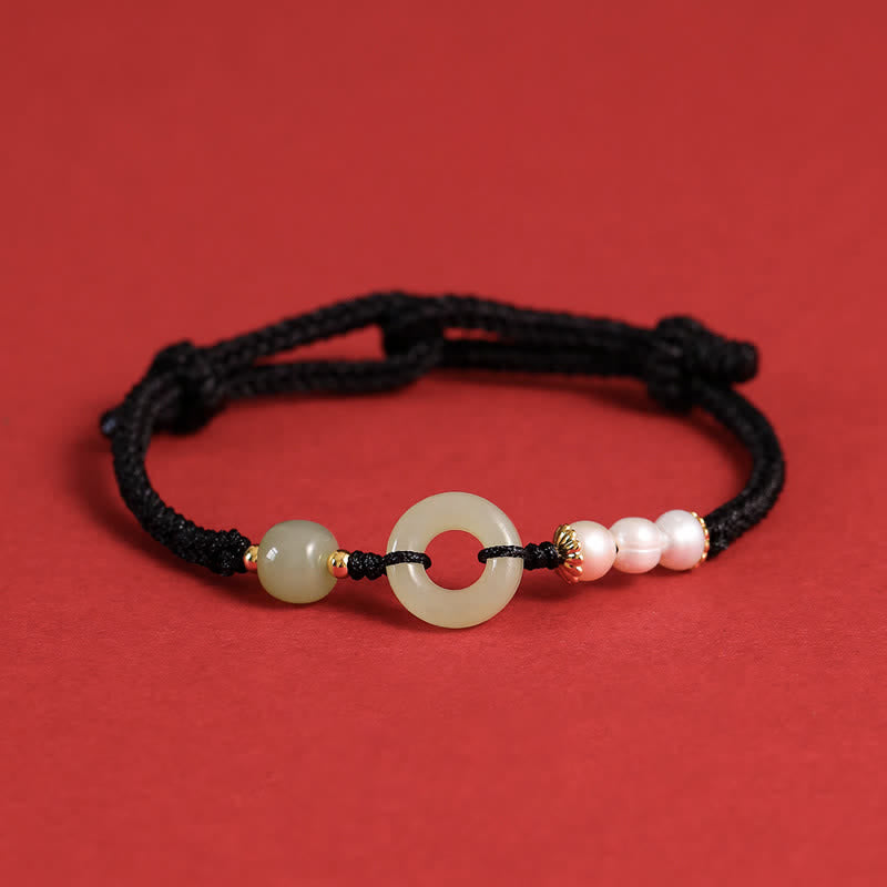 Buddha Stones Natural Hetian Jade Pearl Peace Buckle Luck Bracelet Bracelet BS Black