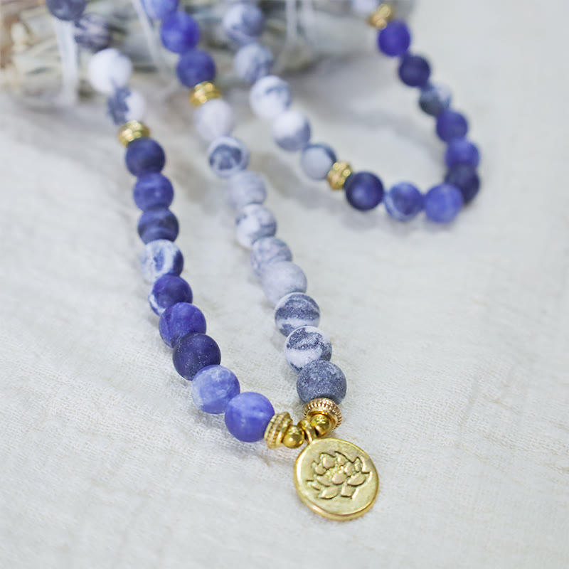 Buddha Stones 108 Natural Picasso Jasper & Blue Stone Mala Bead Lotus Pendant Bracelet Bracelet BS 1