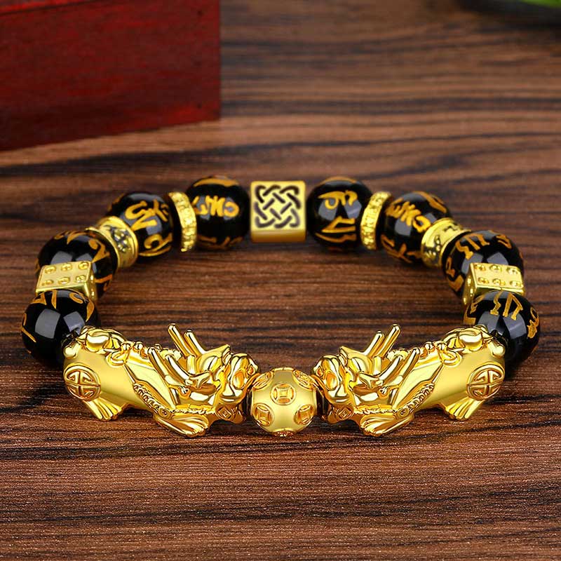 Buddhastoneshop FengShui Double PiXiu Obsidian Om Mani Padme Hum Wealth Bracelet