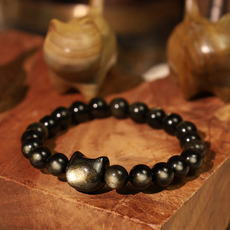 Buddha Stones Gold Sheen Obsidian Silver Sheen Obsidian Lovely Paw Lucky Cat Protection Bracelet Bracelet BS 3
