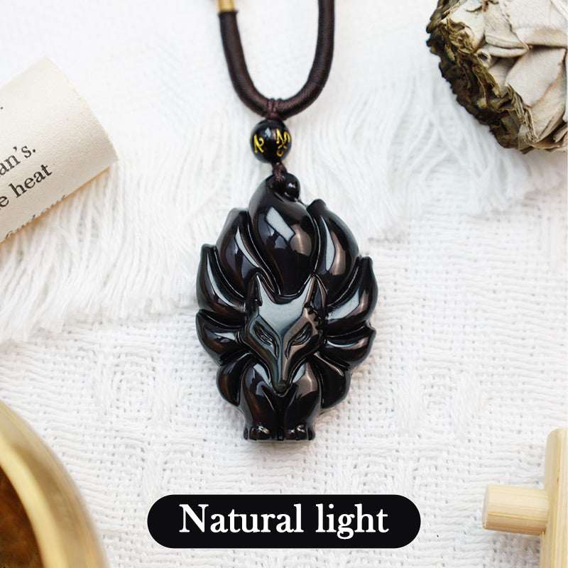 Buddha Stones Natural Rainbow Obsidian Gold Sheen Obsidian Nine Tailed Fox Positive Necklace Pendant Necklaces & Pendants BS 4