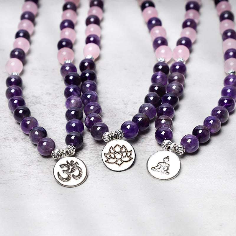 Buddha Stones Natural Rose Quartz & Amethyst Mala Bead Lotus Pendant Bracelet Bracelet BS 3