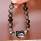 Buddha Stones Gold Sheen Obsidian Silver Sheen Obsidian Lovely Paw Lucky Cat Protection Bracelet Bracelet BS 36