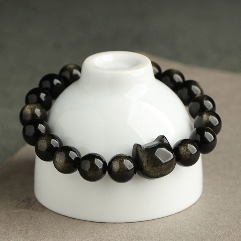 Buddha Stones Gold Sheen Obsidian Silver Sheen Obsidian Lovely Paw Lucky Cat Protection Bracelet Bracelet BS 1