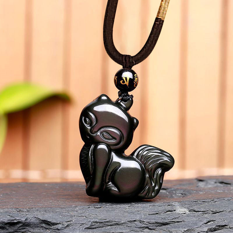Buddha Stones Natural Rainbow Obsidian Gold Sheen Obsidian Nine Tailed Fox Positive Necklace Pendant Necklaces & Pendants BS Rainbow Obsidian Small Fox