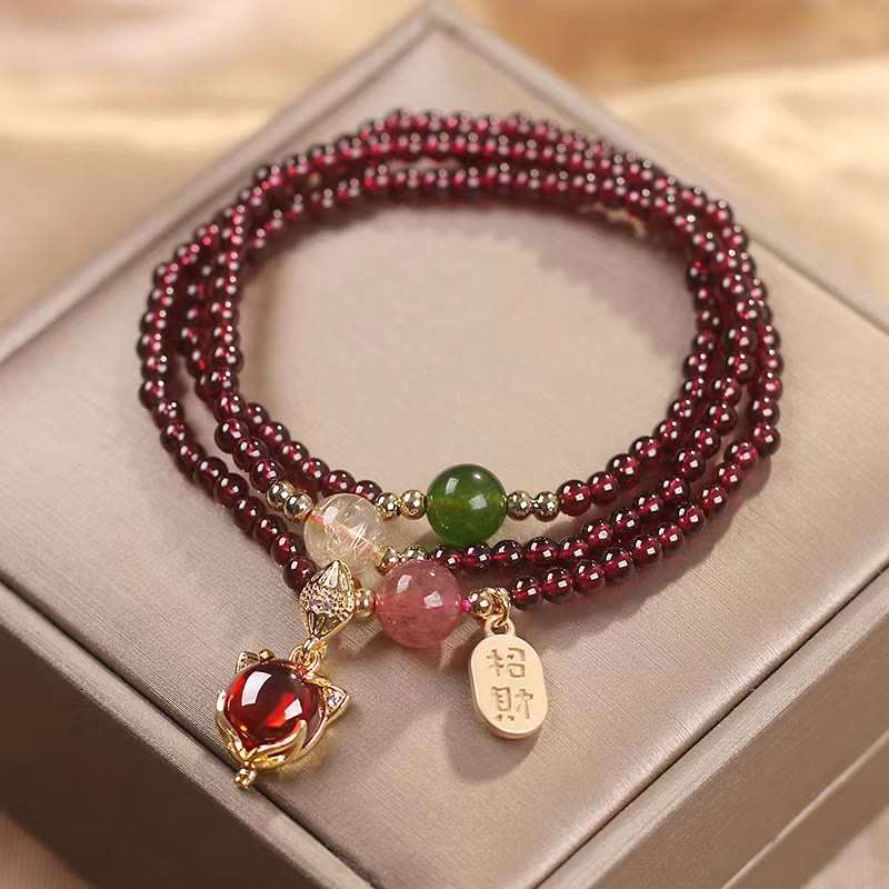 Buddha Stones Natural Garnet Strawberry Quartz Crystal Fox Koi Fish Peace Buckle Fortune Protection Triple Wrap Bracelet Bracelet BS 1