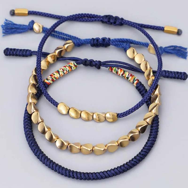 Buddha Stones 3 PCS Tibetan Copper Beads Healing Protection Luck Bracelet Set Bracelet BS 1