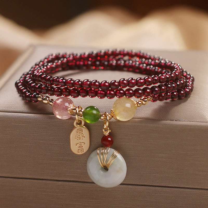 Buddha Stones Natural Garnet Strawberry Quartz Crystal Fox Koi Fish Peace Buckle Fortune Protection Triple Wrap Bracelet Bracelet BS Garnet&Peace Buckle