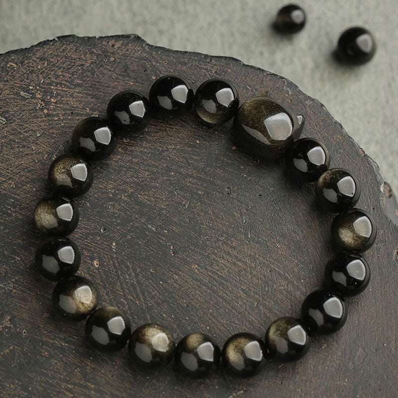 Buddha Stones Gold Sheen Obsidian Silver Sheen Obsidian Lovely Paw Lucky Cat Protection Bracelet Bracelet BS 9