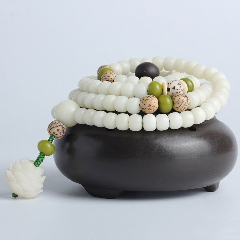 Buddha Stones White Jade Bodhi Lotus Mala Harmony Necklace Bracelet Bracelet BS 17