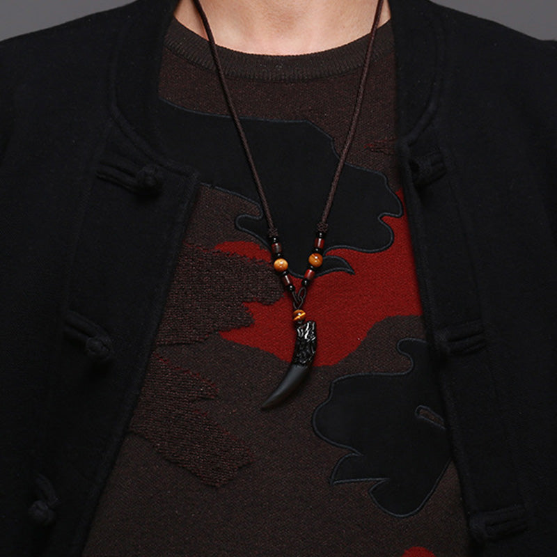 Buddha Stones Natural Ice Obsidian Wolf Tooth Pattern Courage Necklace Pendant Necklaces & Pendants BS 4