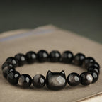 Buddha Stones Gold Sheen Obsidian Silver Sheen Obsidian Lovely Paw Lucky Cat Protection Bracelet Bracelet BS 12