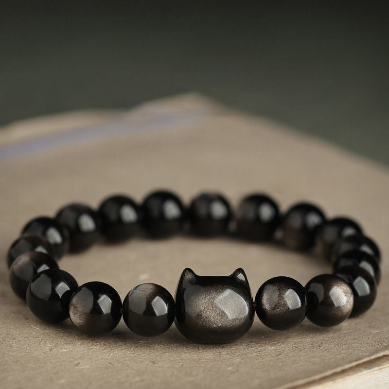 Buddha Stones Gold Sheen Obsidian Silver Sheen Obsidian Lovely Paw Lucky Cat Protection Bracelet Bracelet BS 12