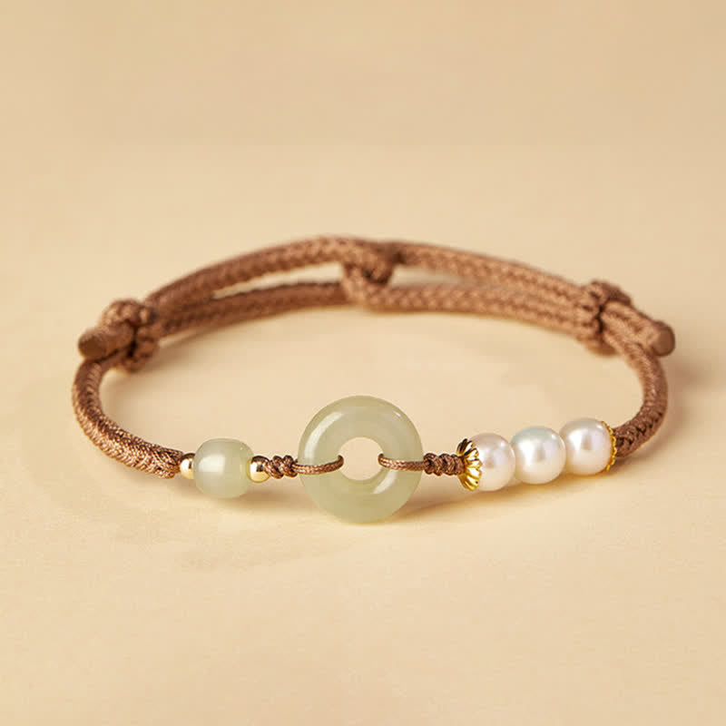 Buddhastoneshop Natural Hetian Jade Pearl Peace Buckle Luck Bracelet