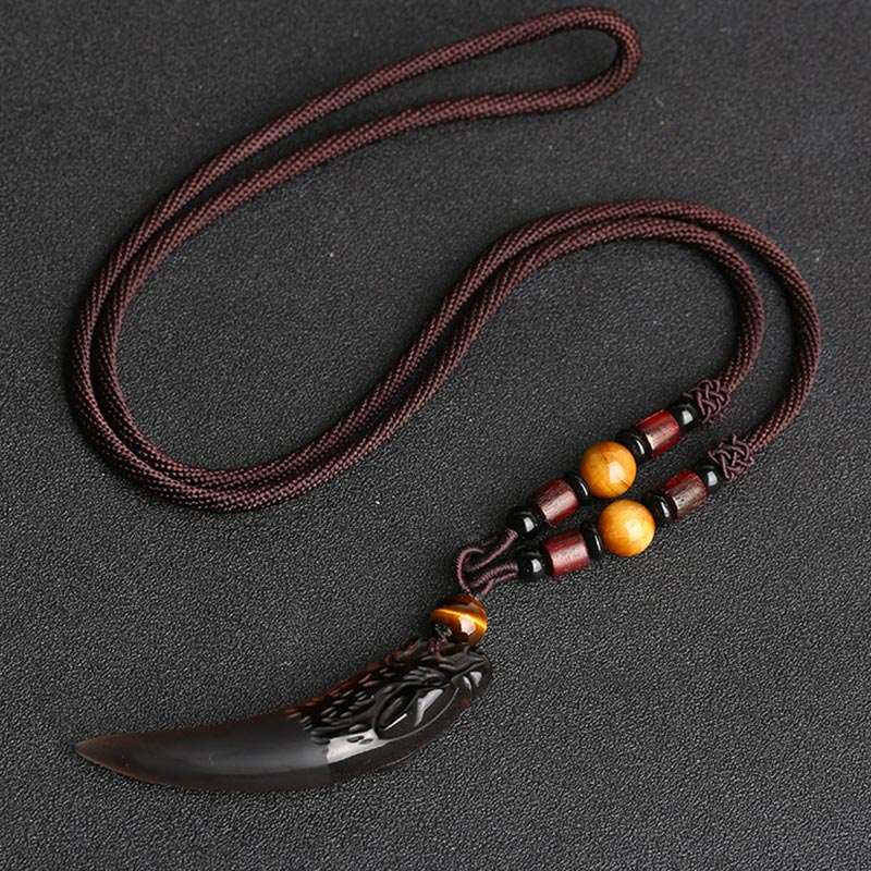 Buddha Stones Natural Ice Obsidian Wolf Tooth Pattern Courage Necklace Pendant Necklaces & Pendants BS 63*14mm Ice Obsidian&Brown String