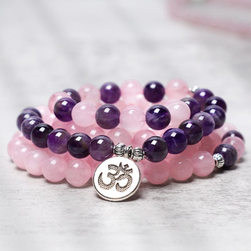Buddha Stones Natural Rose Quartz & Amethyst Mala Bead Lotus Pendant Bracelet Bracelet BS Om Pendant