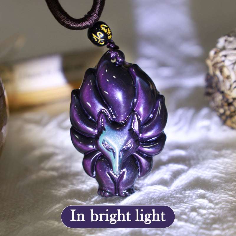 Buddha Stones Natural Rainbow Obsidian Gold Sheen Obsidian Nine Tailed Fox Positive Necklace Pendant Necklaces & Pendants BS 7