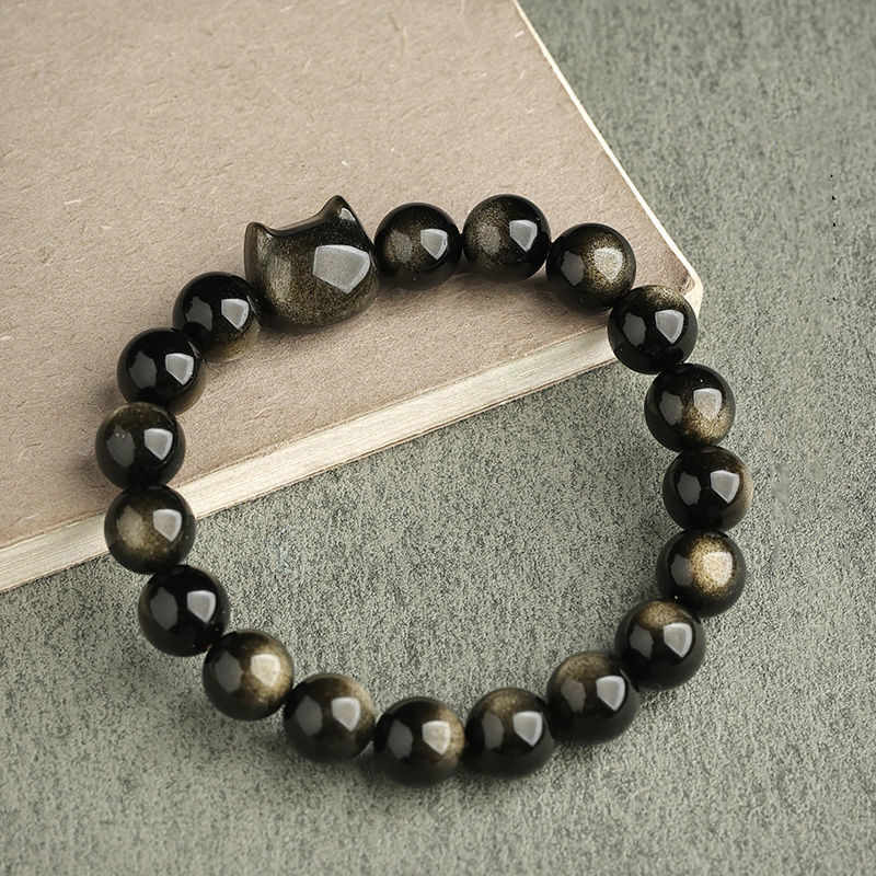 Buddha Stones Gold Sheen Obsidian Silver Sheen Obsidian Lovely Paw Lucky Cat Protection Bracelet Bracelet BS Gold Sheen Obsidian Cat Head 10mm