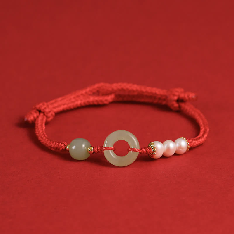 Buddhastoneshop Natural Hetian Jade Pearl Peace Buckle Luck Bracelet