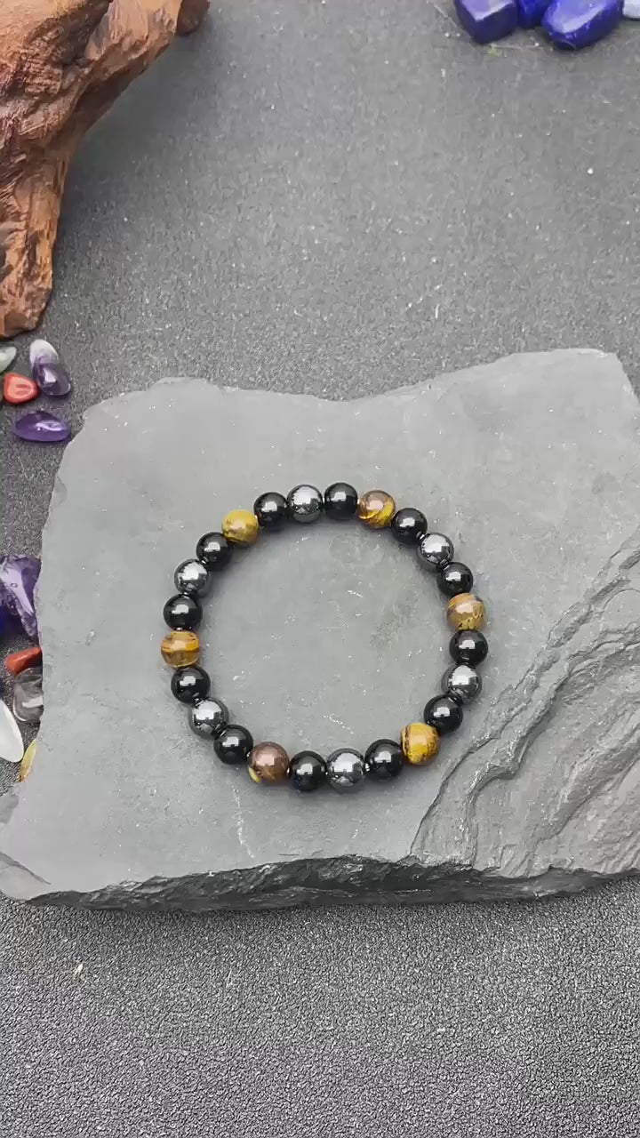 Huaxia Treasures Pixiu Energy Bracelet - Tiger Eye & Black Obsidian for Wealth & Success